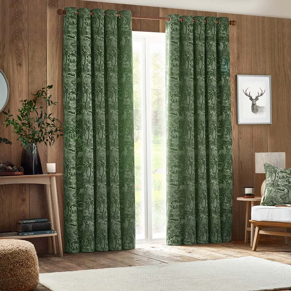Winter Woods Animal Eyelet Curtains - Emerald, Chenille image