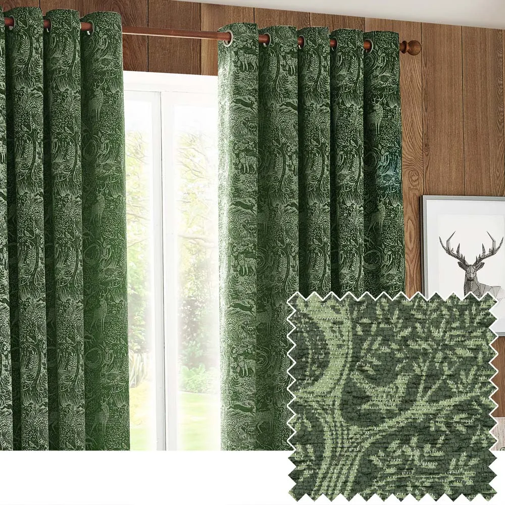 Winter Woods Animal Eyelet Curtains - Green, Chenille