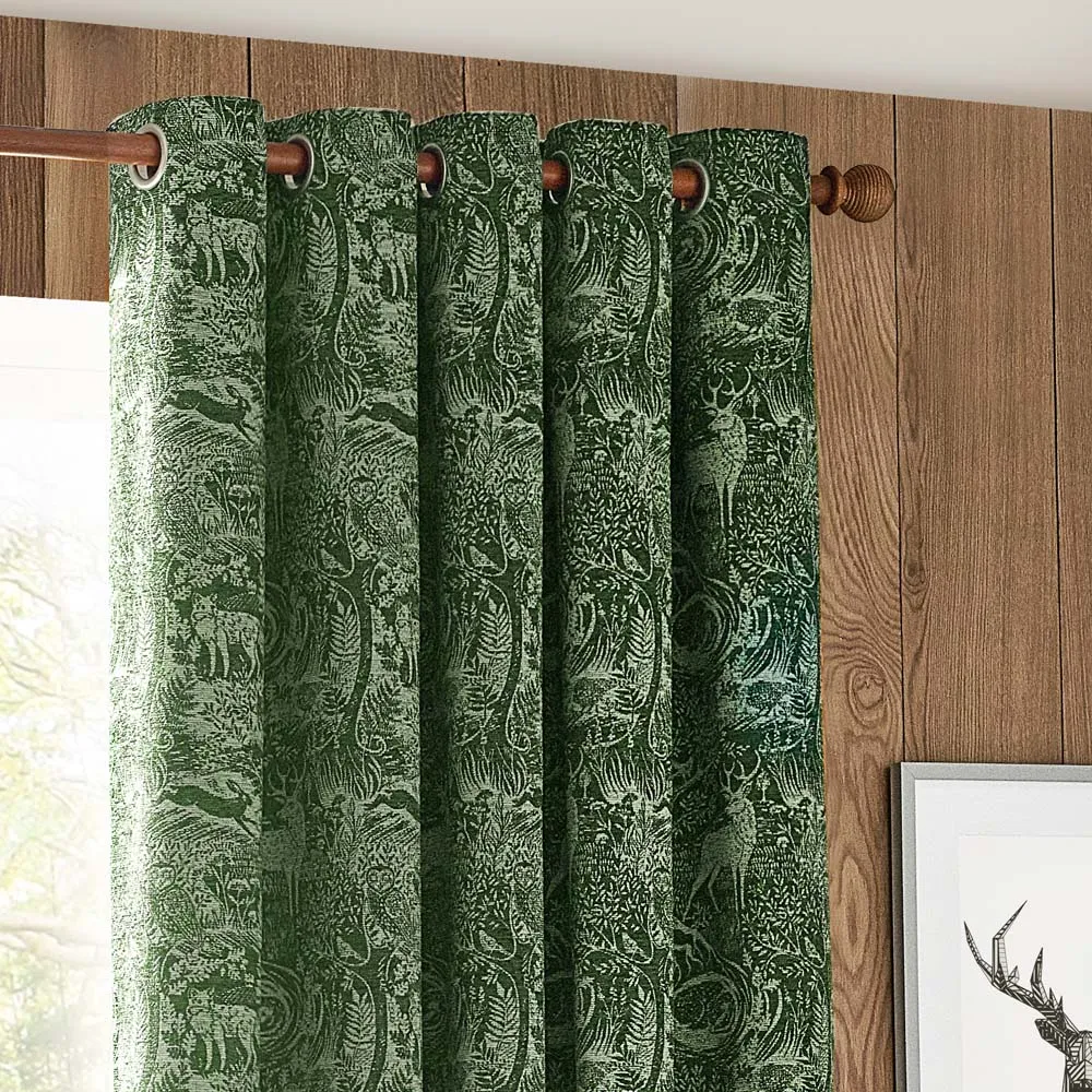 Winter Woods Animal Eyelet Curtains - Green, Chenille