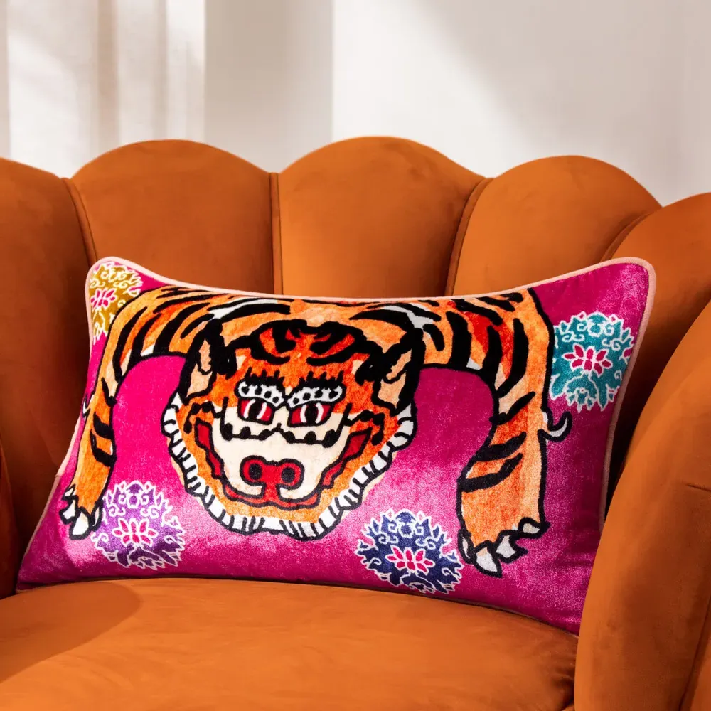 Year Of The Tiger Velvet Cushion - Pink
