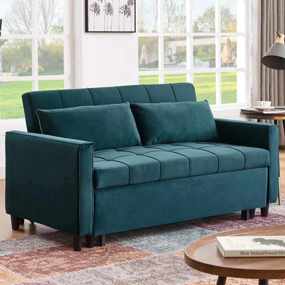 2-Seater 3-in-1 Convertible Sofa Bed - Green, Velvet image