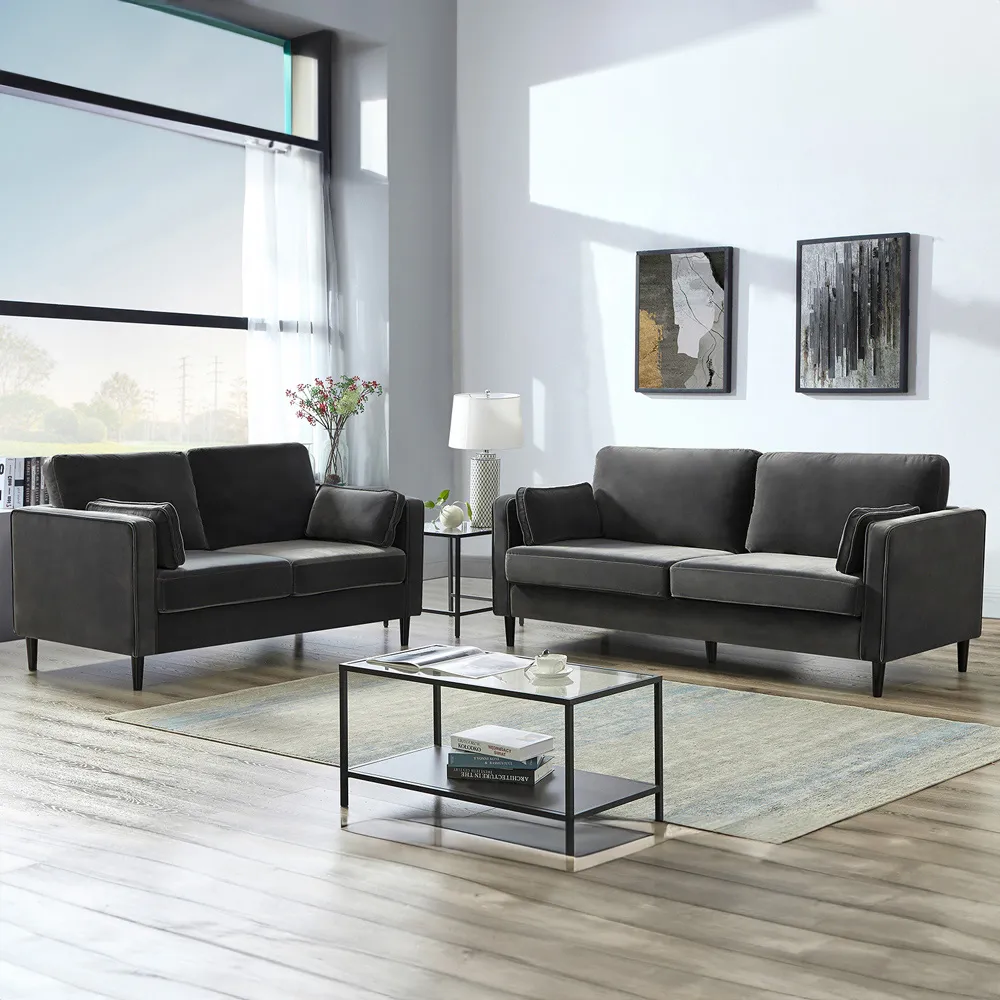 2-Seater Velvet Sofa with Armrest - Grey