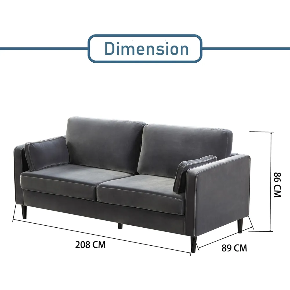 2-Seater Velvet Sofa with Armrest - Grey