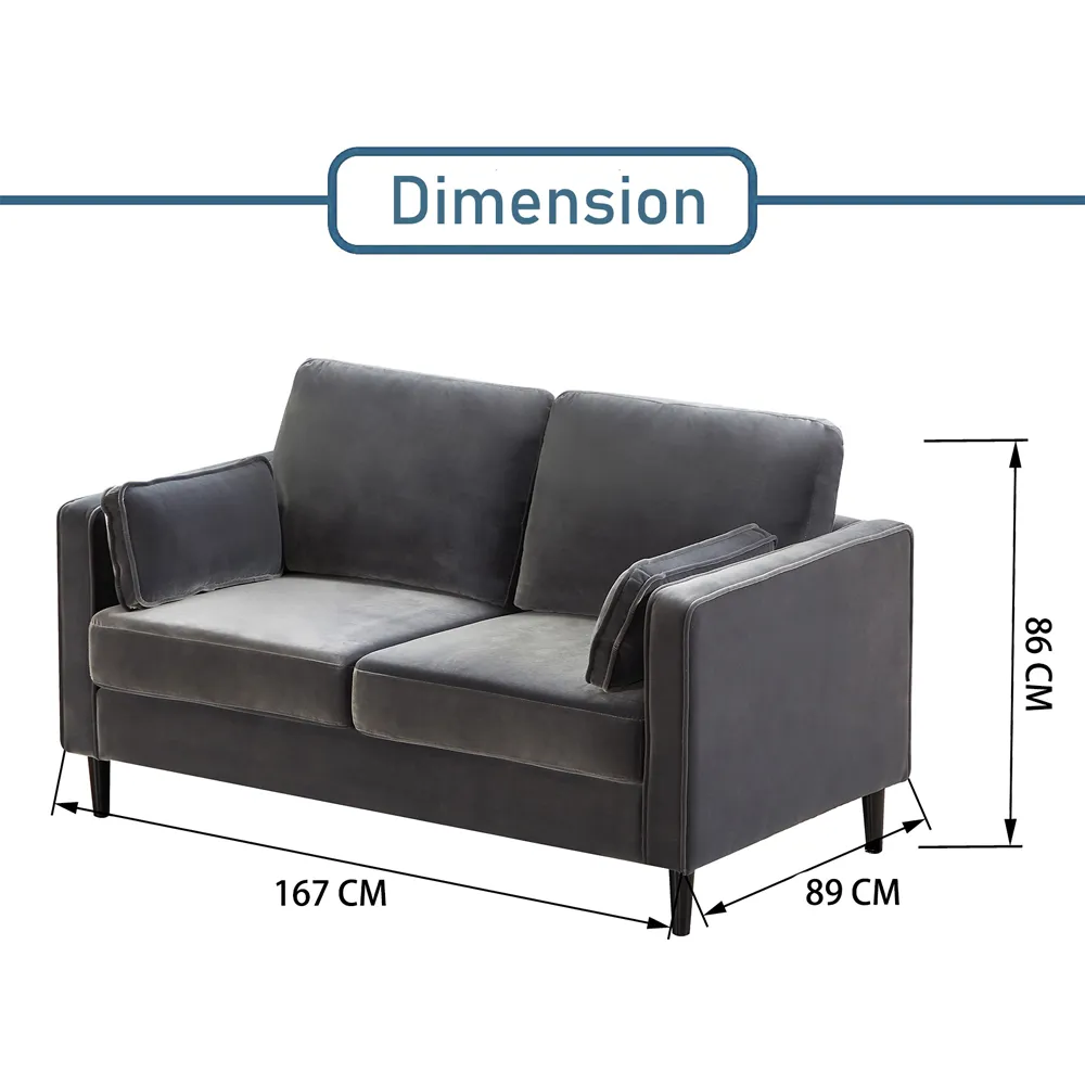 2-Seater Velvet Sofa with Armrest - Grey