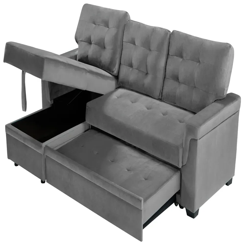 3-Seater Corner Sofa Bed with Storage - Grey, Velvet