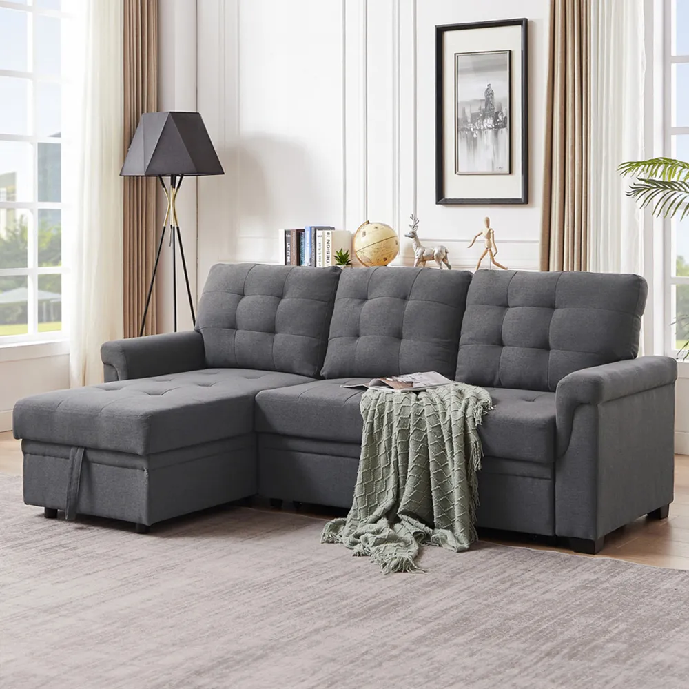 3-Seater Corner Storage Sofa Bed - Light Grey, Linen