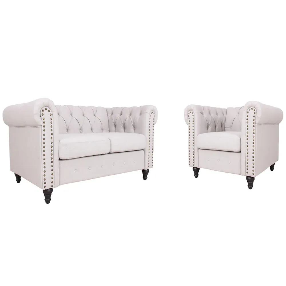 3-Seater Nailhead Trim Sofa Set - Light Grey