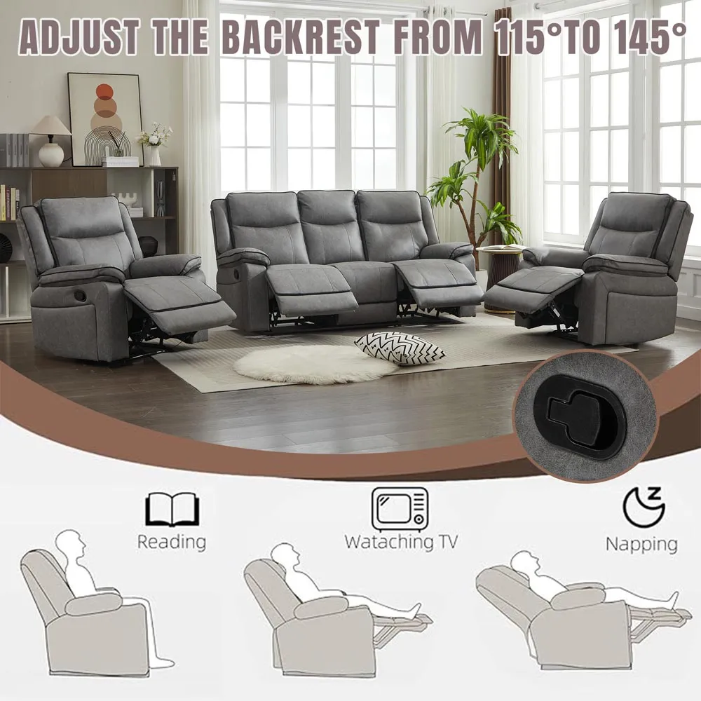 3-Seater Sectional Recliner Sofa Set - Grey