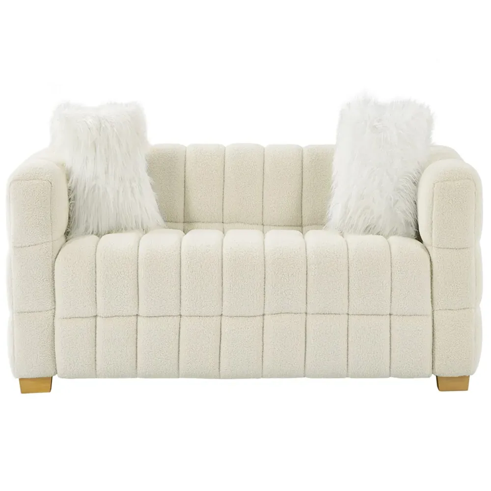 3-Seater Sofa with Pillows - White, Teddy Fleece