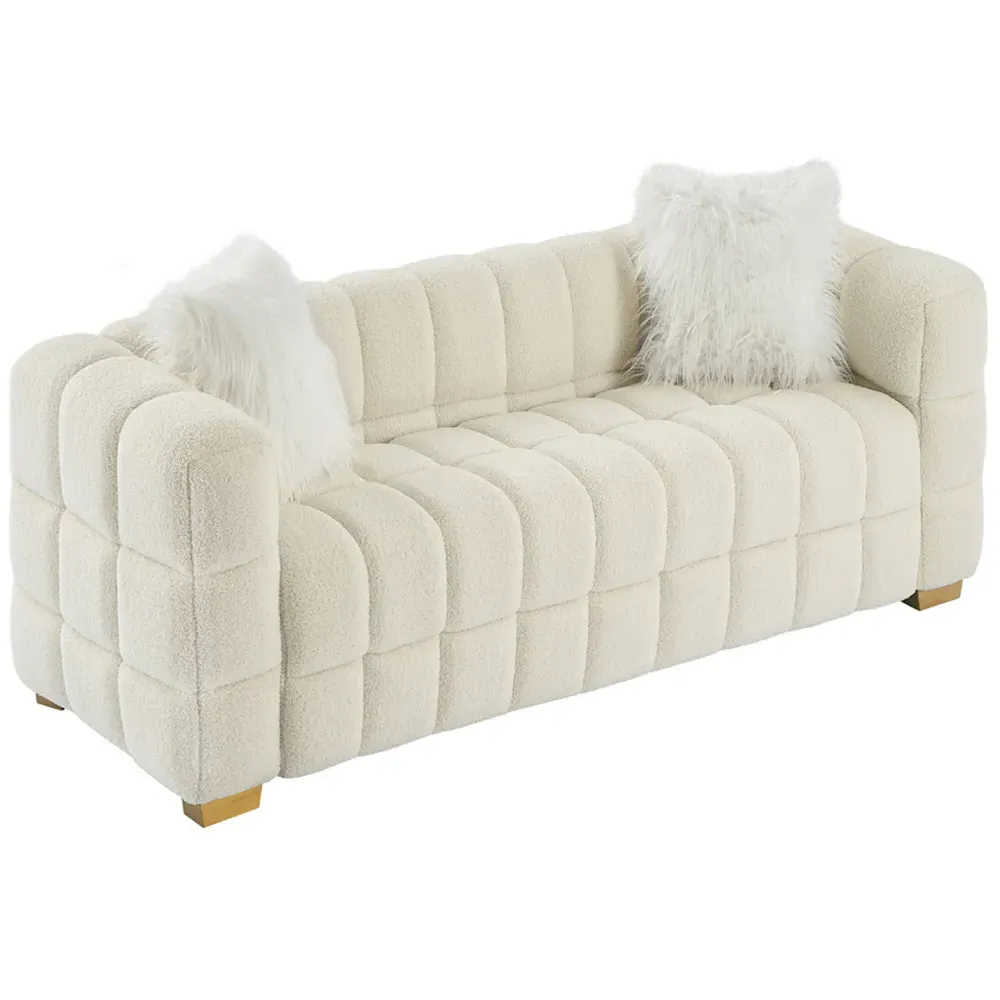 3-Seater Sofa with Pillows - White, Teddy Fleece