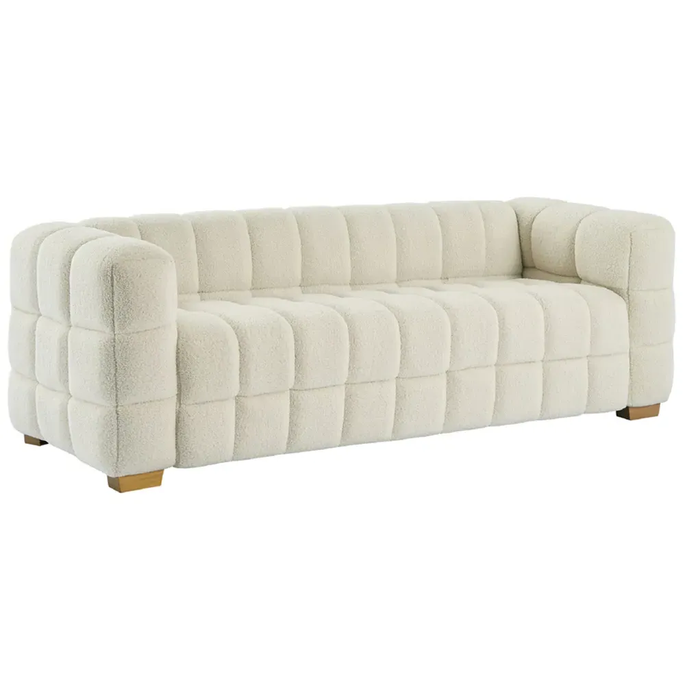 3-Seater Sofa with Pillows - White, Teddy Fleece