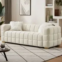 3-Seater Sofa with Pillows - White, Teddy Fleece