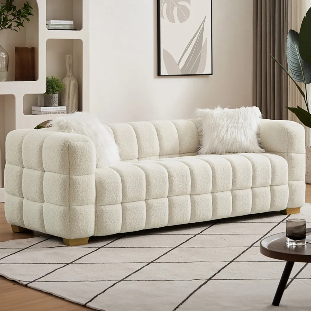 3-Seater Sofa with Pillows - White, Teddy Fleece image