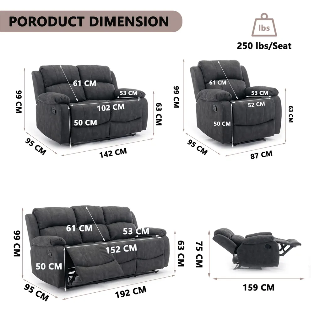 4-Seater Manual Recliner Sofa Set - Grey