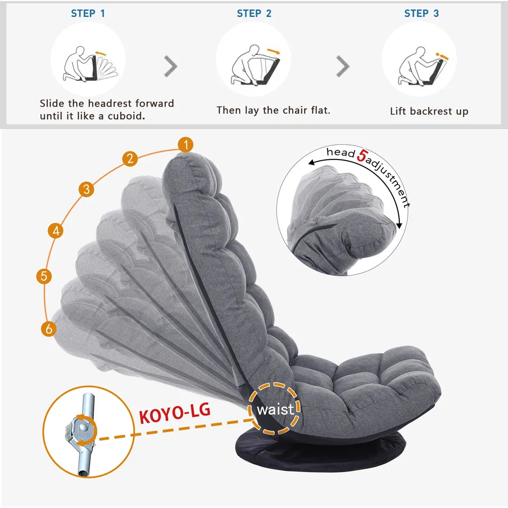 Adjustable Backrest Floor Chair - Grey, Microfiber