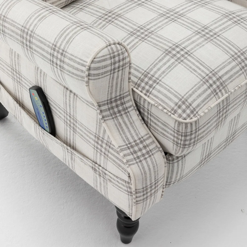 Check Fabric Recliner Massage Armchair - Grey