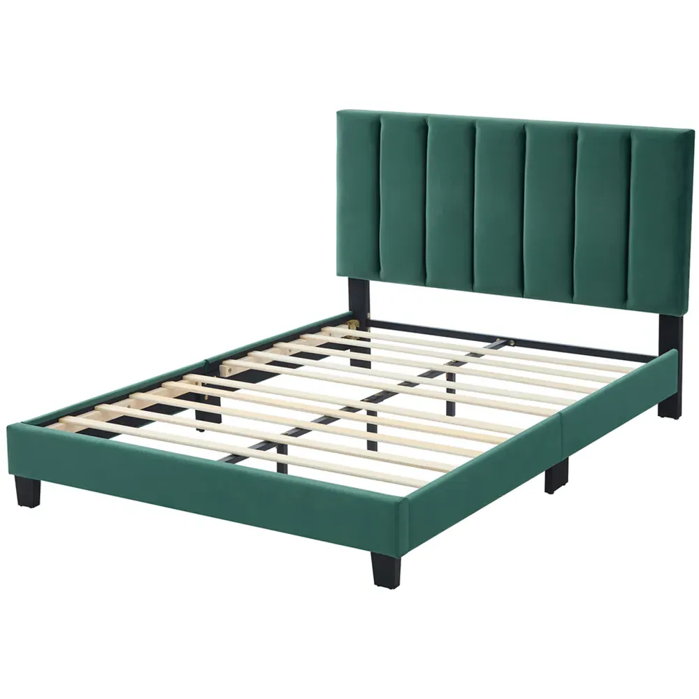 Double Upholstered Bed Frame with Adjustable Headboard - Green
