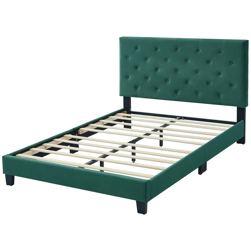 Double Upholstered Bed Frame with Adjustable Headboard - Green
