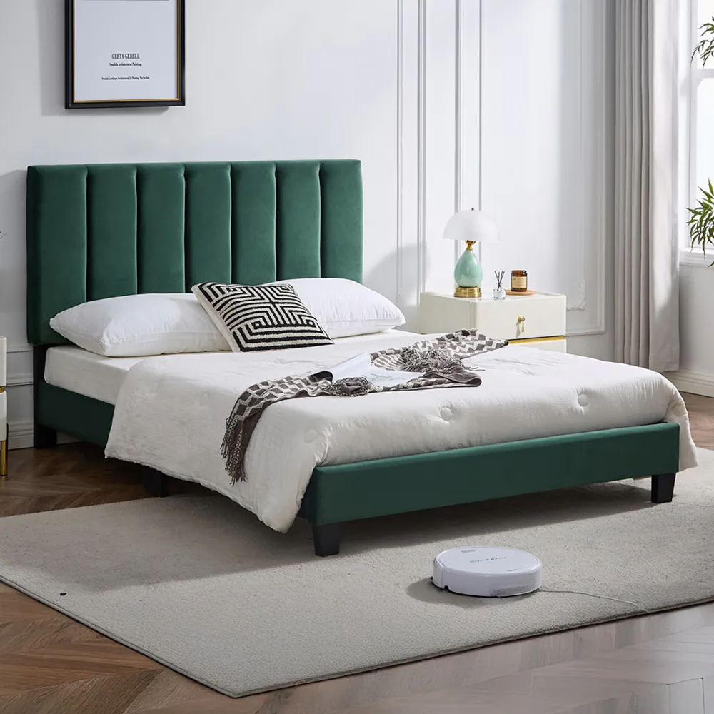 Double Upholstered Bed Frame with Adjustable Headboard - Green image