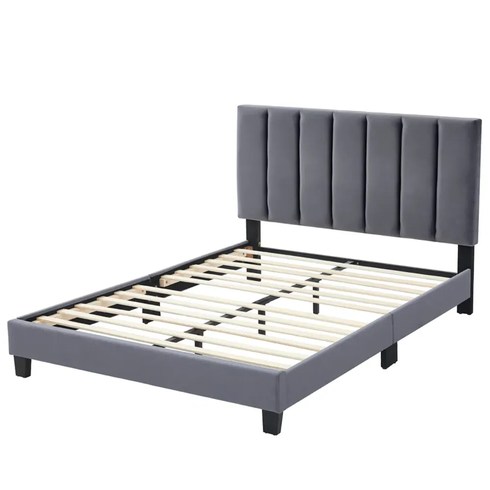Double Upholstered Bed Frame with Adjustable Headboard - Grey
