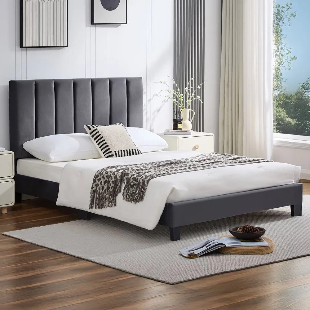 Double Upholstered Bed Frame with Adjustable Headboard - Grey