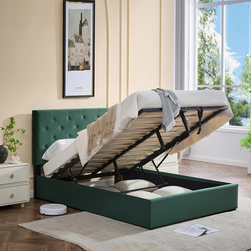 Double Upholstered Platform Bed Frame with Storage - Green