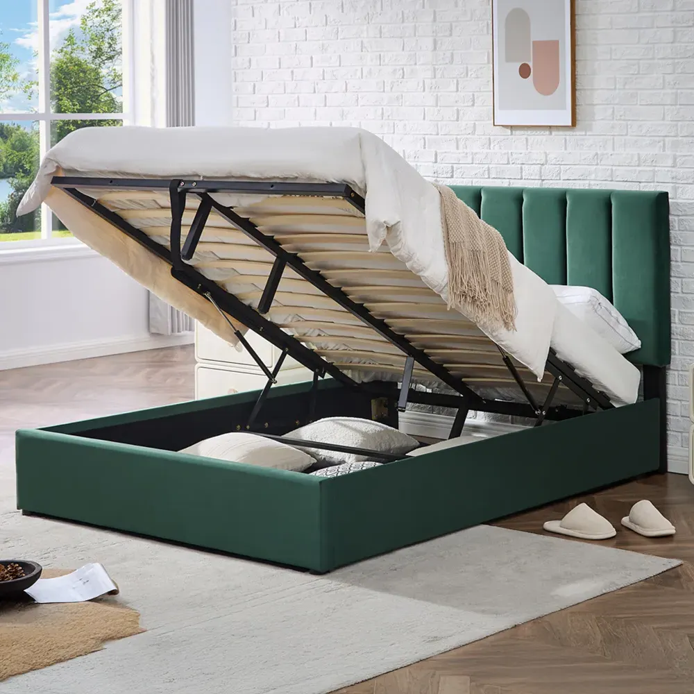 Double Upholstered Platform Bed Frame with Storage - Green