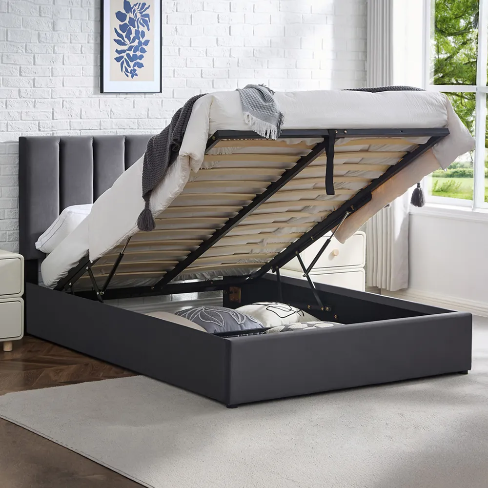 Double Upholstered Platform Bed Frame with Storage - Grey