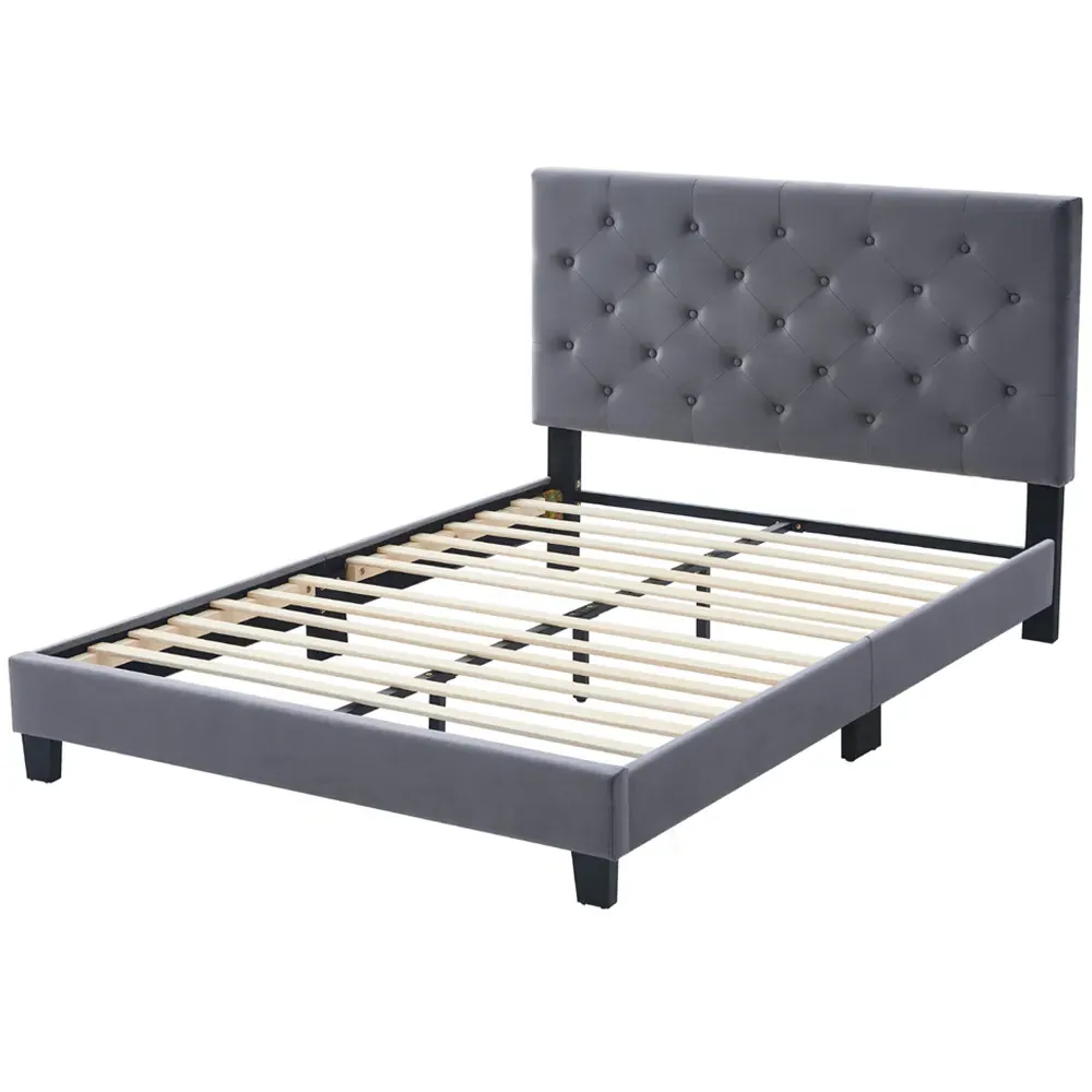 King Size Bed Frame with Adjustable Tufted Headboard - Grey