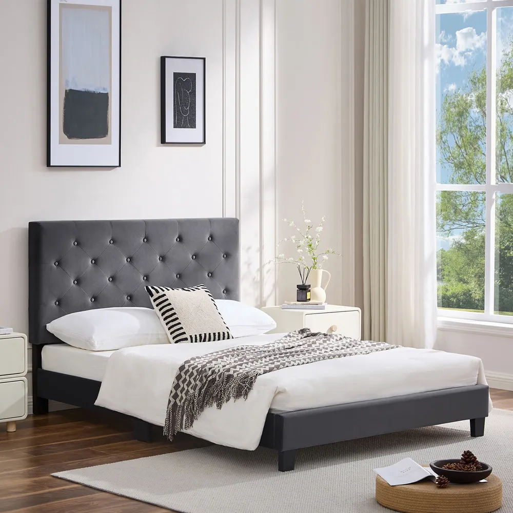 King Size Bed Frame with Adjustable Tufted Headboard - Grey