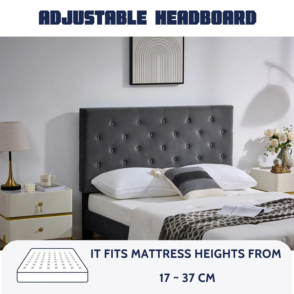 King Size Bed Frame with Adjustable Tufted Headboard - Grey