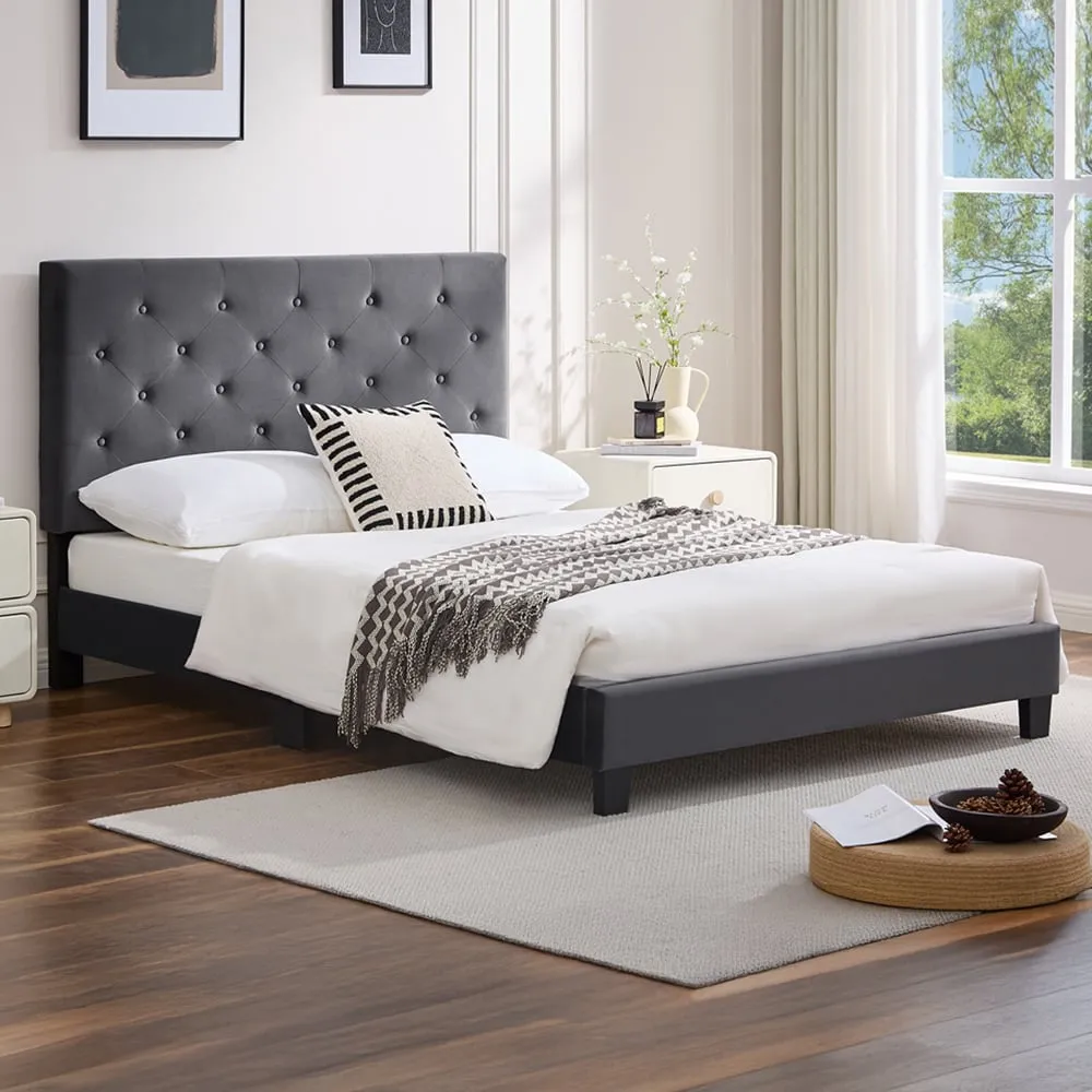 King Size Bed Frame with Adjustable Tufted Headboard - Grey