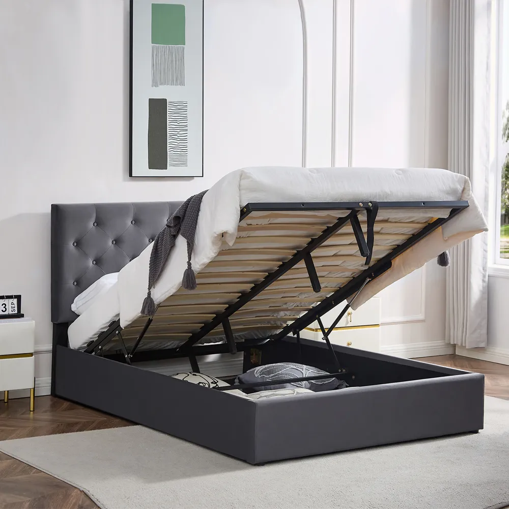 King Size Platform Storage Bed Frame with Tufted Headboard - Grey
