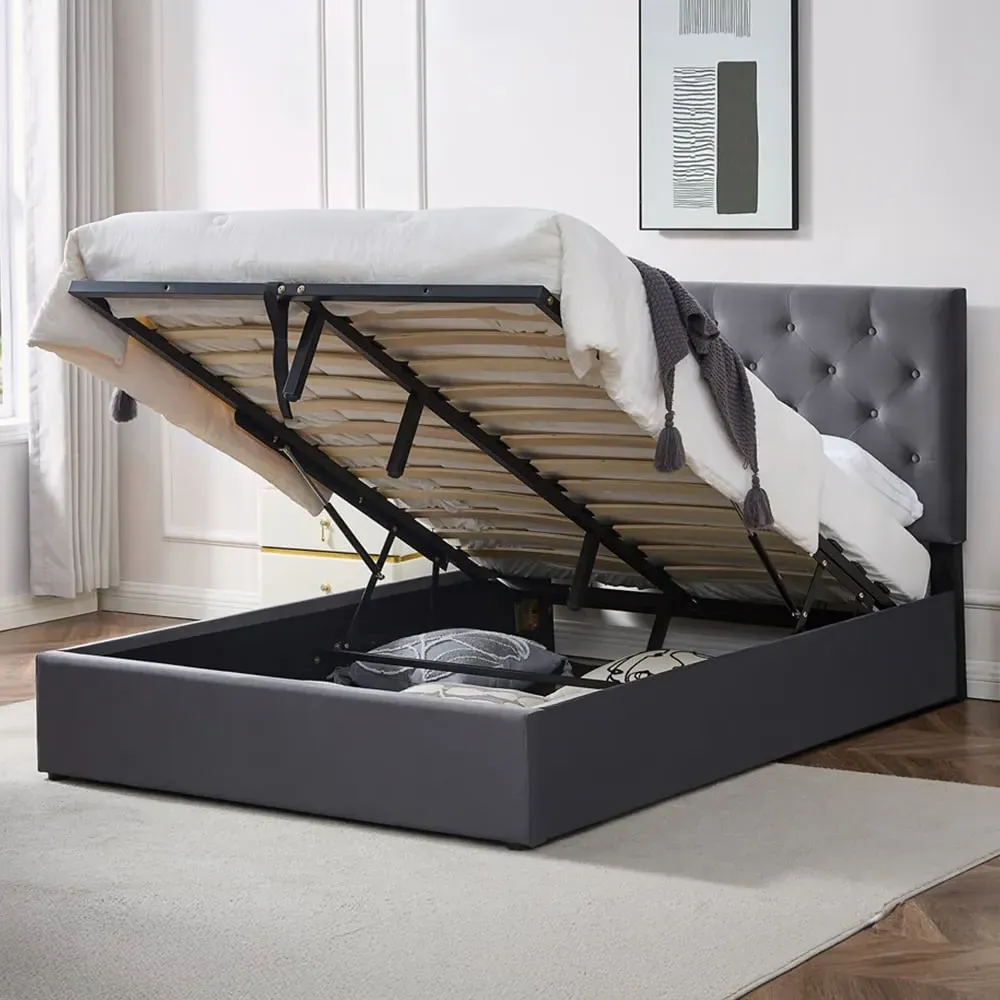King Size Platform Storage Bed Frame with Tufted Headboard - Grey