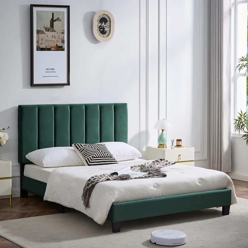 King Size Upholstered Bed Frame with Adjustable Headboard - Green