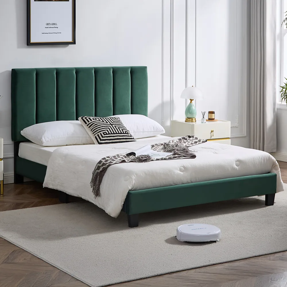 King Size Upholstered Bed Frame with Adjustable Headboard - Green