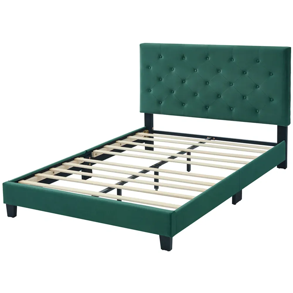 King Size Upholstered Bed Frame with Adjustable Tufted Headboard - Green