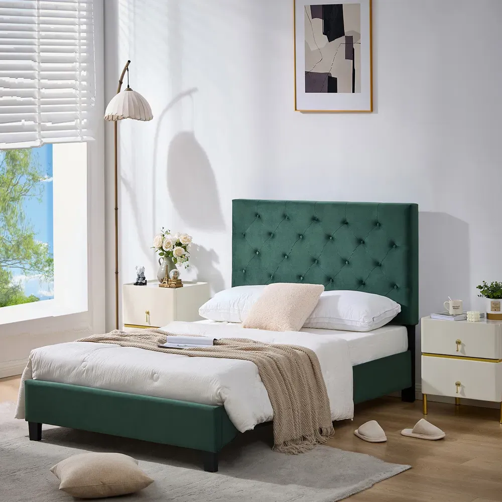 King Size Upholstered Bed Frame with Adjustable Tufted Headboard - Green
