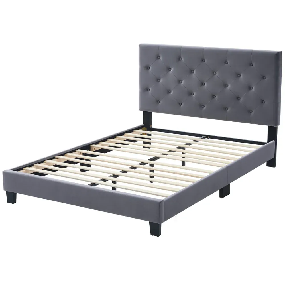 King Size Upholstered Bed Frame with Adjustable Tufted Headboard - Grey