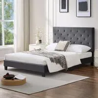 King Size Upholstered Bed Frame with Adjustable Tufted Headboard - Grey