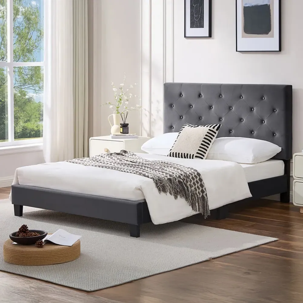 King Size Upholstered Bed Frame with Adjustable Tufted Headboard - Grey image