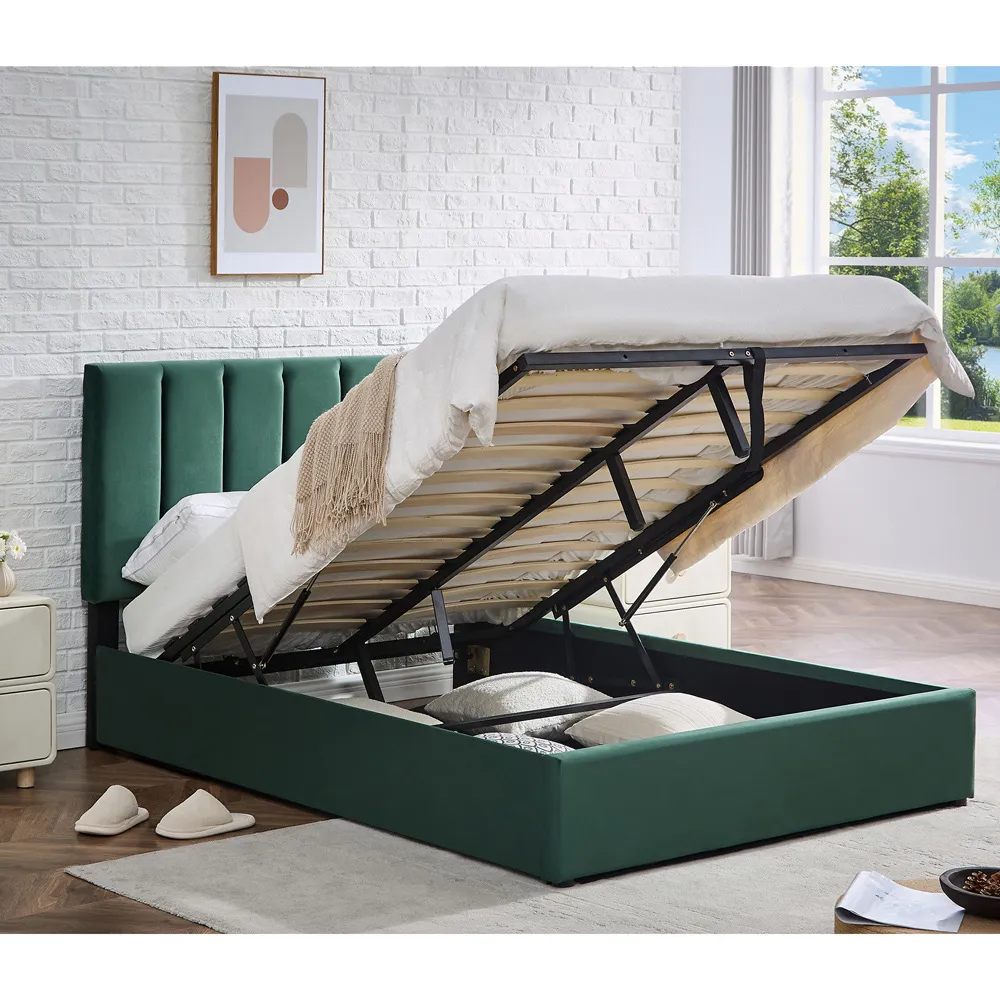 King Size Upholstered Platform Bed Frame with Storage - Green