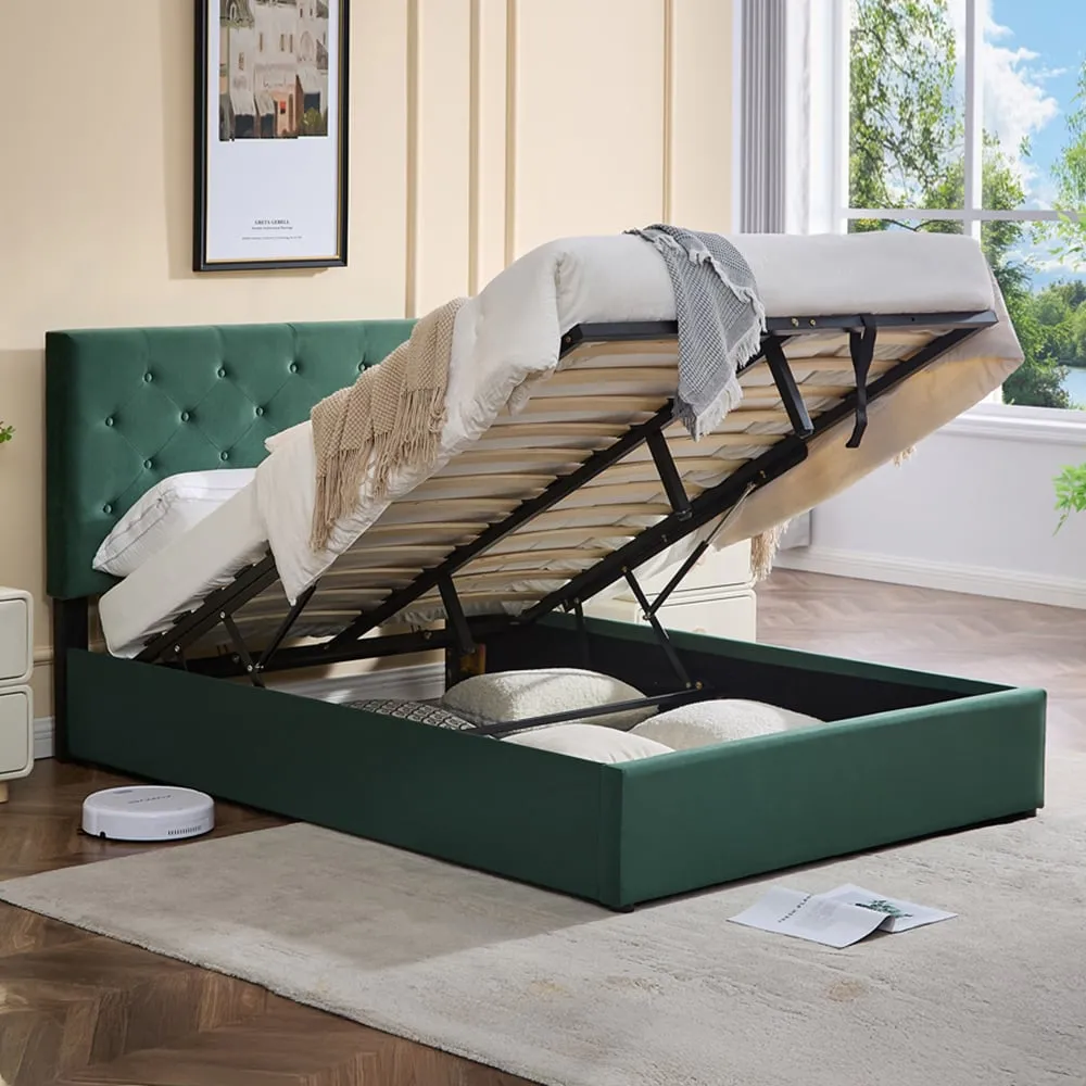King Size Upholstered Platform Bed Frame with Storage - Green