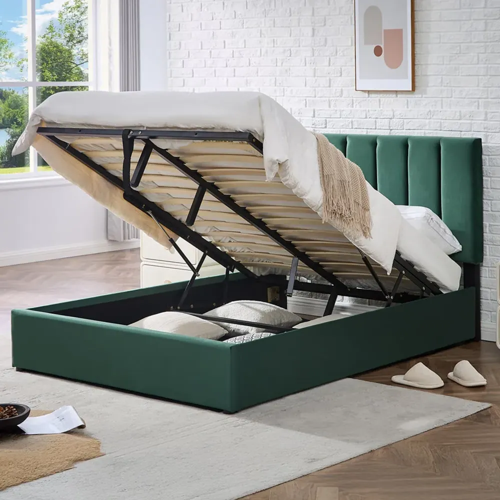 King Size Upholstered Platform Bed Frame with Storage - Green