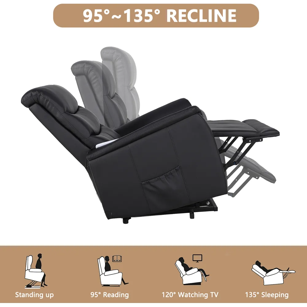 PU Leather Power Lift Recliner with Massage and Heat - Black