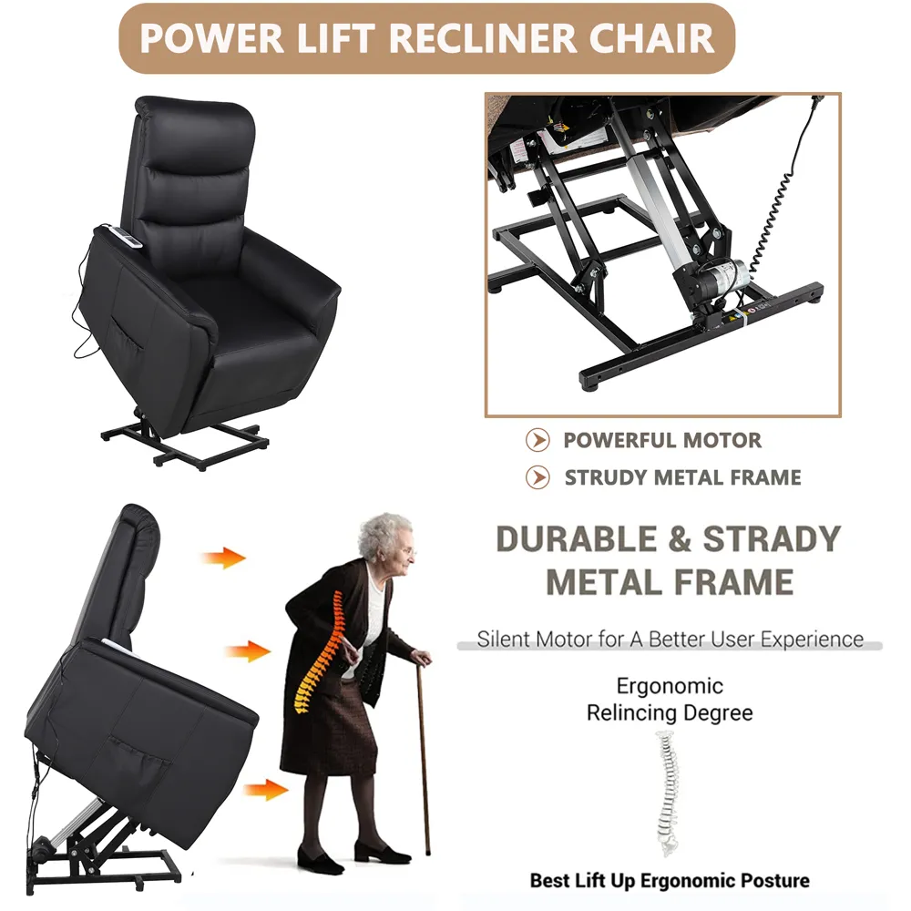 PU Leather Power Lift Recliner with Massage and Heat - Black