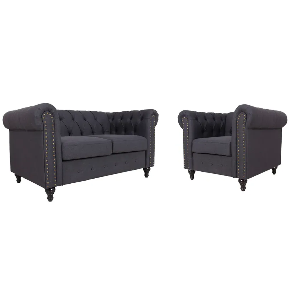 Set of 2 Nailhead Trim Upholstered Armchairs - Dark Grey