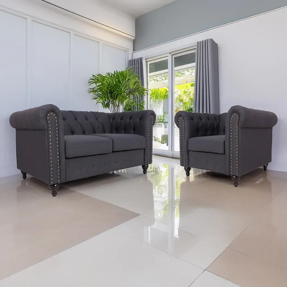 Set of 2 Nailhead Trim Upholstered Armchairs - Dark Grey