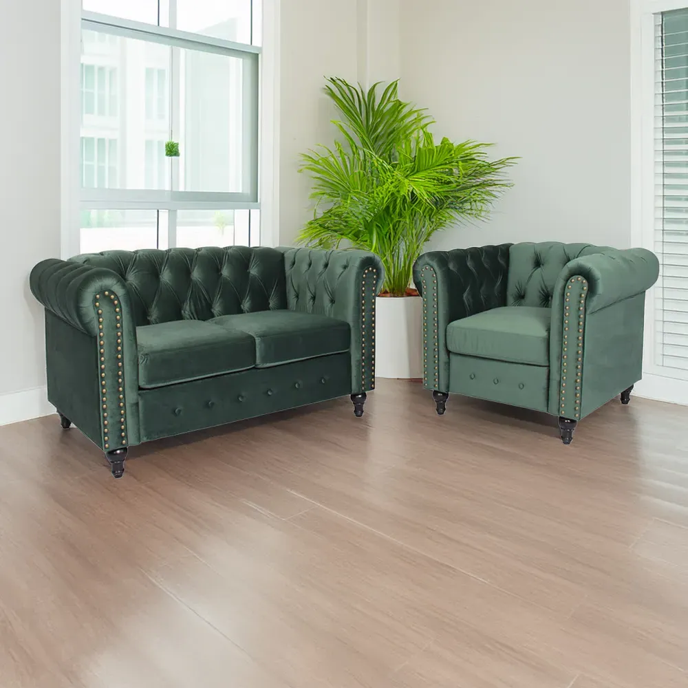 Set of 2 Nailhead Trim Upholstered Armchairs - Green