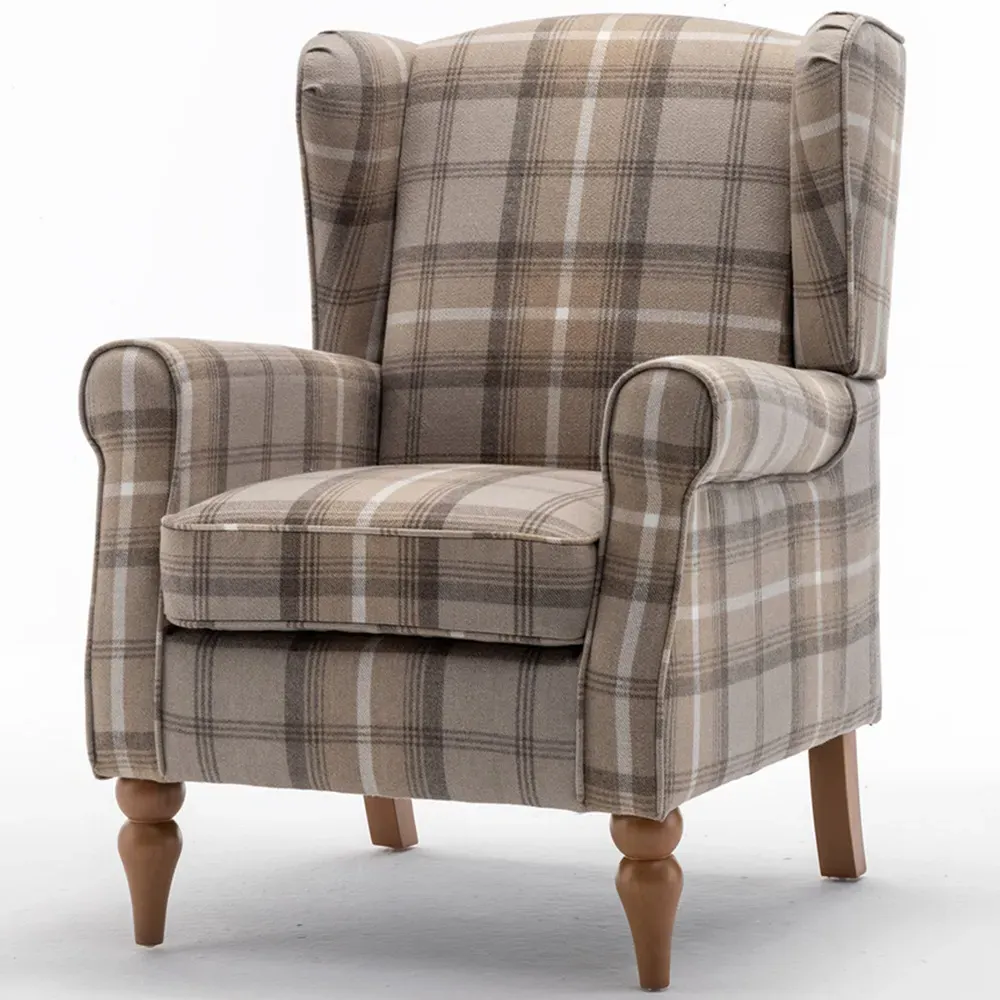 Wing Back Fireside Armchair - Yellow, Check Fabric